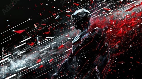 Fototapeta A futuristic cyber warrior depicted with explosive effects in a dramatic and intense scene. The dark background contrasts with the vibrant red and metallic elements.
