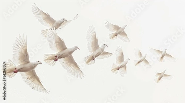 Fototapeta A flock of white doves gracefully soaring through the sky, their wings spread wide against a pale background. The image exudes peace, purity, and freedom.