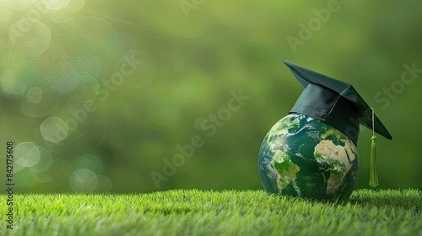 Fototapeta Graduation cap with Earth globe. Concept of global business study, abroad educational, Education in Global world, Study abroad business in universities in worldwide green background