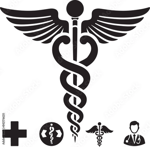 Fototapeta caduceus health symbol asclepias wand icon caduceus health silhouette vector illustration. 