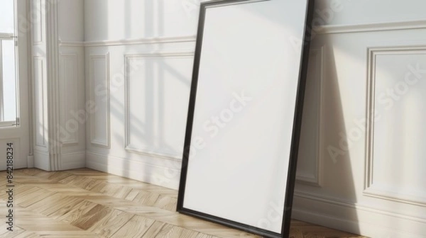 Fototapeta 3D illustration mock-up photo frame with blank poster standing on floor near wall. Generative AI