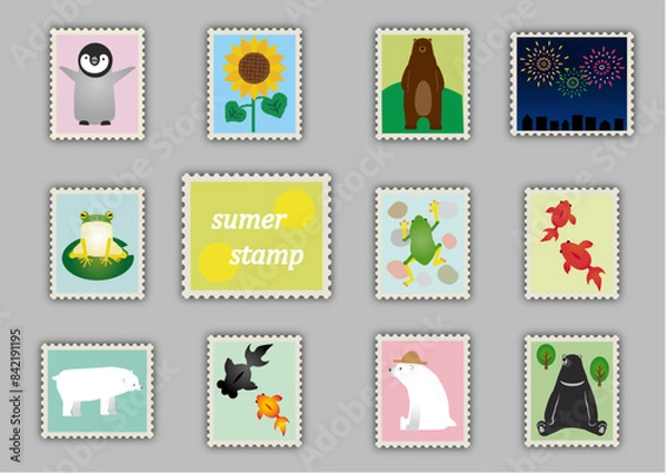 Fototapeta かわいい夏の切手風イラストセット背景グレー
