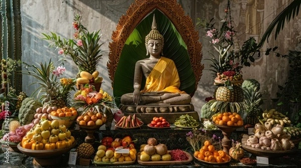 Fototapeta Exquisite convex frame with Buddha, yellow robe, Thai art, nature backdrop, surrounded by fresh produce and meat