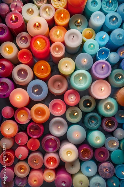 Fototapeta An abundant collection of small candles in various colors and shapes, tightly arranged to fill the entire frame. The candles display a range of hues from pastel to bright.