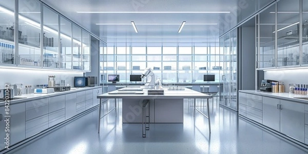 Fototapeta Laboratory interior with lab equipment. 3d illustration, empty science laboratory with furnitures and equipment office backgrounds.
