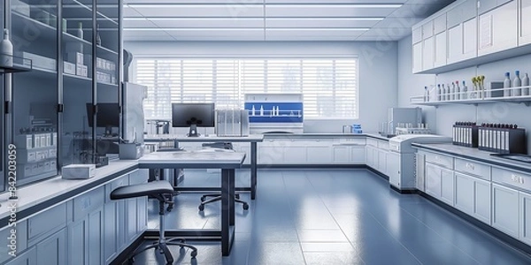 Fototapeta Science modern lab interior architecture with cabinets, research desks, white clean laboratory interior architecture.