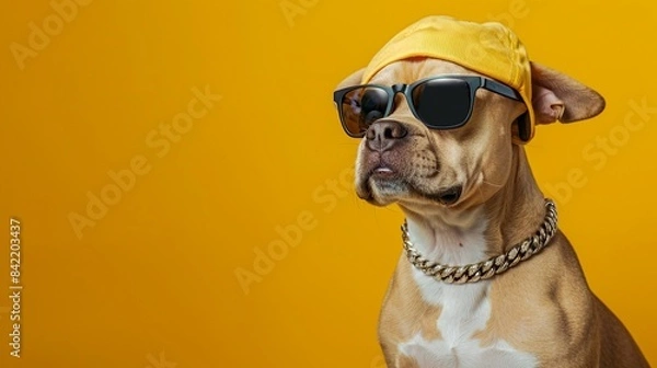 Fototapeta Hip hop dog star posing in front of yellow wall, stylish funny dog wearing cap, golden chain and sunglasses portrait, funny animal banner with copy space.