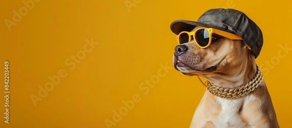 Fototapeta Hip hop dog star posing in front of yellow wall, stylish funny dog wearing cap, golden chain and sunglasses portrait, funny animal banner with copy space.