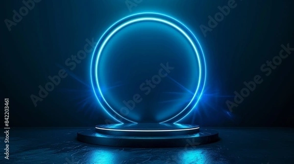 Fototapeta Empty blue podium floating in the air with blue neon ring on background.Magic fantasy portal. Magic circle teleport podium with hologram effect. Abstract high tech futuristic technology design.