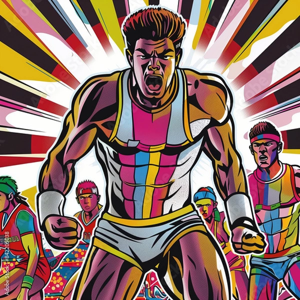Fototapeta Vibrant and Dynamic Comic-Style Athlete Leading a Team