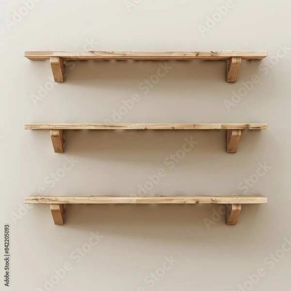 Fototapeta Minimalist Wall-Mounted Bookshelf with Evenly Spaced Wooden Shelves on Smooth Light Wall