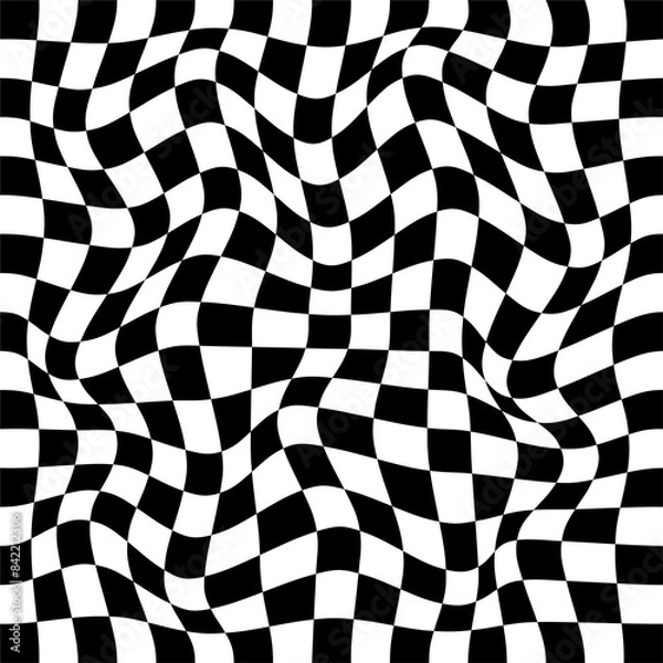 Fototapeta Wavy checker pattern with optical illusion, trippy checkerboard vector background. Back white squares chessboard in swirl or spiral twist distortion for psychedelic and hypnotic visual effect pattern
