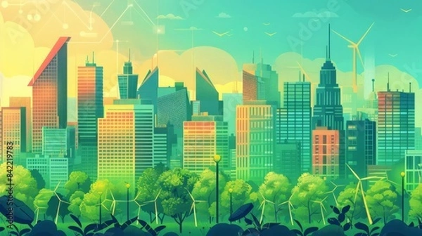 Fototapeta A cityscape powered by various forms of green energy, including solar, wind, and hydropower