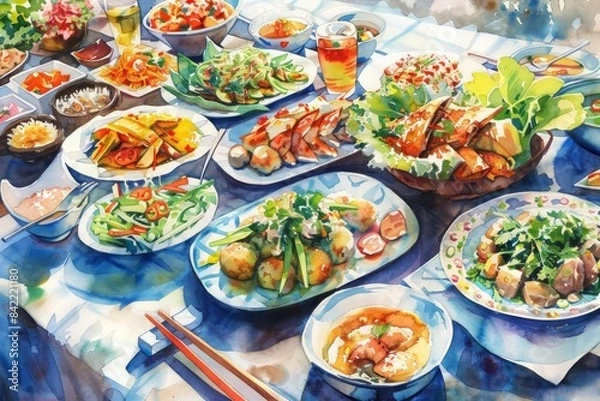 Fototapeta A picturesque watercolor of a table set with various Thai dishes, each plate artistically arranged and brimming with flavors