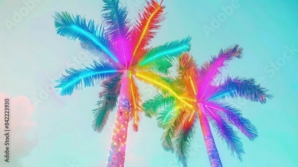 Fototapeta A vibrant and colorful summer display with two palm trees under neon rainbow lights, each frond a different color, against a light blue sky with few clouds, capturing a festive summer vibe.