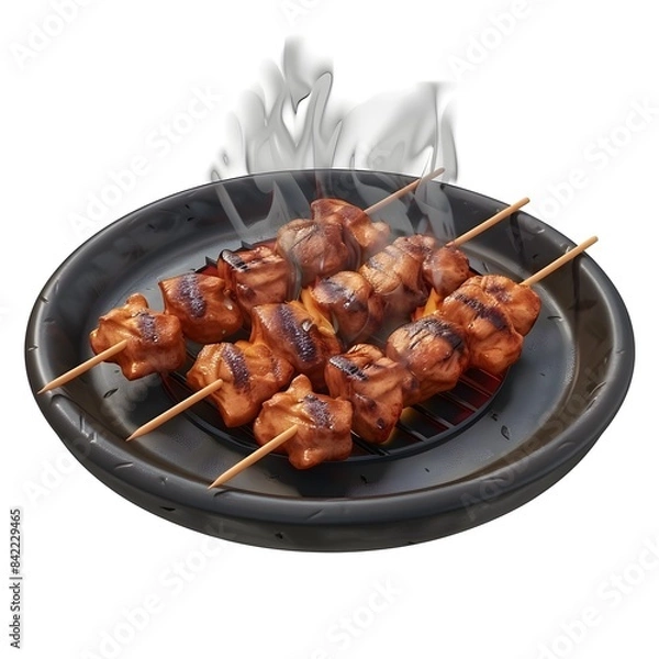Fototapeta Smoky Aroma of Moo Ping Thai-Style Grilled Pork Skewers Cooking Over Coals on Isolated White Background in Cute Chibi Icon Style