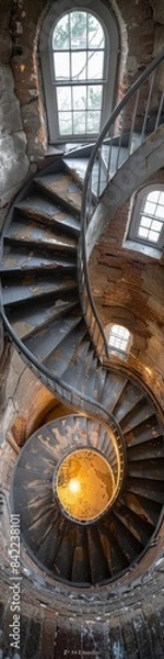 Fototapeta A spiraling staircase in a tall stone tower like in a lighthouse. 