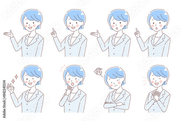 Fototapeta スーツを着たボブヘアーの若い女性のシンプルタッチ表情セット
