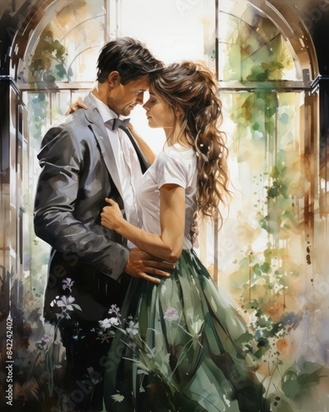 Fototapeta Watercolor background of a wedding couple walking in a fairy garden