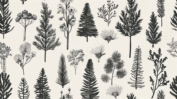 Fototapeta Natural illustration pattern of pine leaves and trees with botanical ornaments and flowers, black white monogram background.