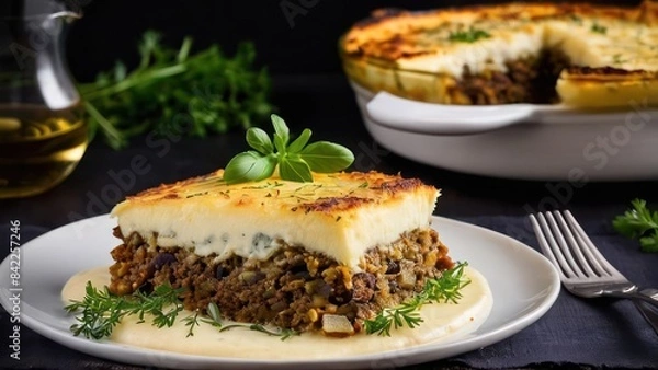 Fototapeta Elegant Potato Pie with Tzatziki Side - A Culinary Harmony