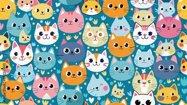 Fototapeta Printseamless pattern of a cute cat on diferent style and colors