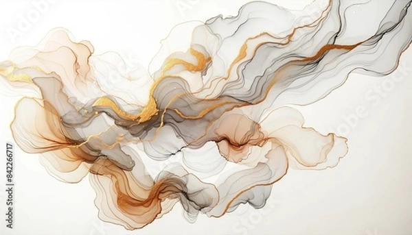 Fototapeta Abstract fluid art painting in the alcohol ink technique, featuring transparent waves and golden swirls. The design is elegant and luxurious.