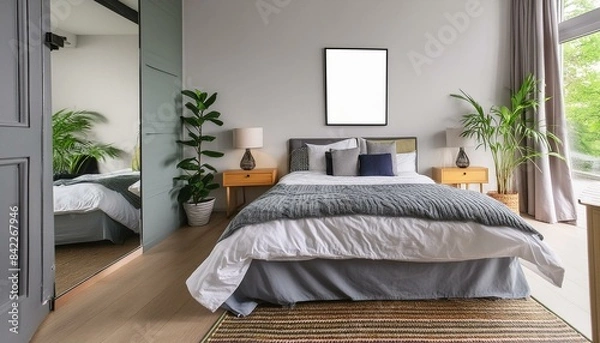 Fototapeta Tranquil Retreat: Empty Frame in Stylish Neutral Bedroom