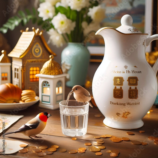 Fototapeta There is a glass of water with a beautiful jug in which a bird is sitting drinking water and a bird is sitting next to it and behind it is a small house.
