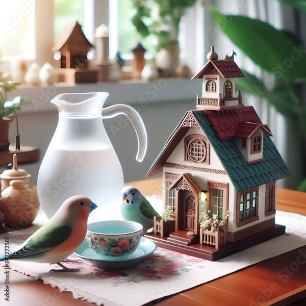 Fototapeta A beautiful painting of a house table with 2 birds sitting next to a bowl and a jug next to it.
