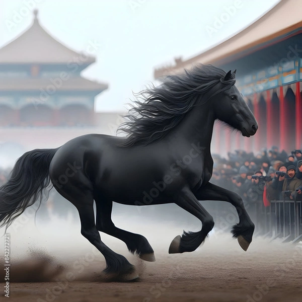 Fototapeta In this picture, a black horse is running and a large number of people are watching it.
