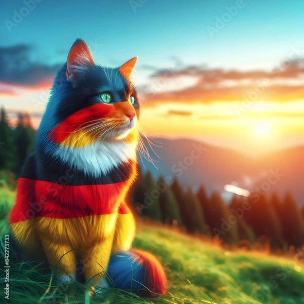 Fototapeta A beautiful multicolored cat sits on a green mountain with both feet forward and a green tree background.
