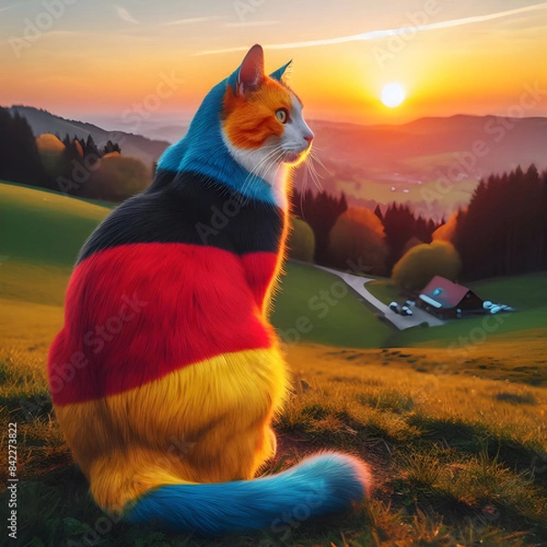 Fototapeta A beautiful blue black and red colour cat is sitting on a green mountain and the sun is rising.