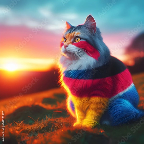 Fototapeta A beautiful cat sits on a green mountain at sunrise,Cat Enjoying Sunrise on Mountain.

