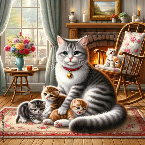 Fototapeta A beautiful cat with a bell around her neck is sitting with her babies on her lap and some babies are sitting on a chair behind her.