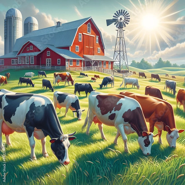 Fototapeta Cows are walking in the field behind a dairy farm with a rock on it and the sun is shining.