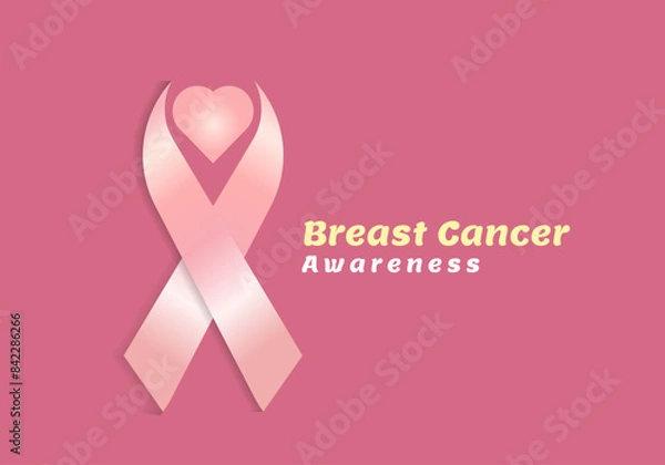 Fototapeta The concept of Heart ribbon with text-Breast cancer awareness, Realistic pink ribbon, breast cancer awareness symbol, vector illustration