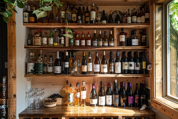 Fototapeta A wooden shelf with many bottles of wine and a few glasses