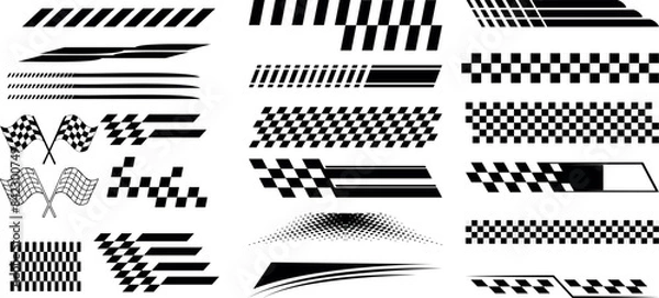 Fototapeta racing stripe vector set, race car vector, checkered flag designs, racing stripe speed, decal patterns, dynamic lines, competition, automotive graphics, black and white finish line motorsport