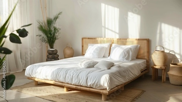 Obraz Wooden bed with healthy mattress, soft and comfortable, white color, environmentally friendly design, modern and stylish open bedroom, uninhabited, decorated with nature, bamboo furniture