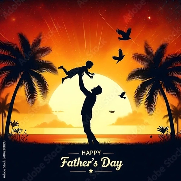 Obraz A father lifting his child against a beautiful sunset background on happy father's day