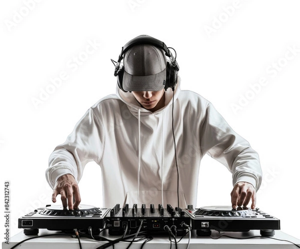 Fototapeta a young man in a white hoodie and grey cap, with headphones on his head playing music from the DJ console against a clean white background.