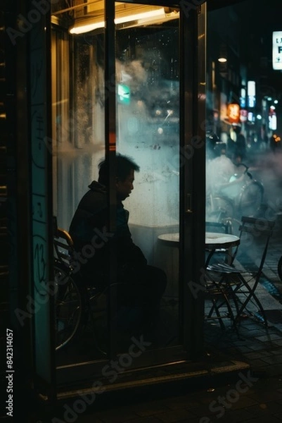 Fototapeta A man sitting in the dark at night, behind glass doors with chairs and bicycles outside, seen from an angle through frosted window, minimalism, dark atmosphere