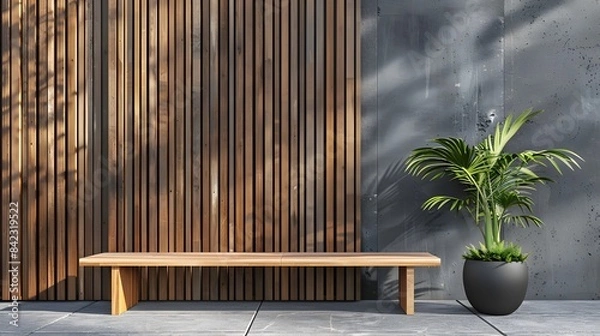 Fototapeta Minimalist outdoor wall with wooden slats and bench, featuring a large blank space for text or artwork.