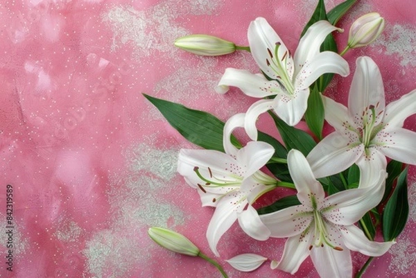 Obraz An exquisite top-down view showcases the delicate beauty of white lily blooms on a bed of sparkling glitter.