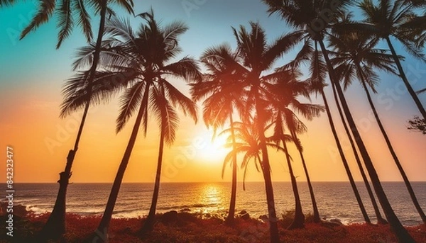 Obraz Background in the concept of summer with silhouettes of coconut trees with visible sky and sun using reggae style colors.