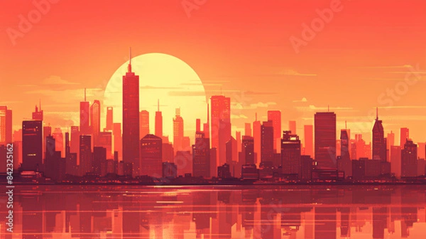 Fototapeta illustration of city sunset landscape with new york city