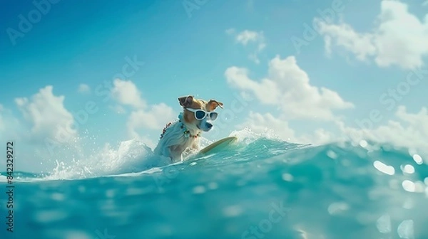 Fototapeta jack russell dog surfing on a wave  on ocean sea on summer vacation holidays with cool sunglasses and flower chain : Generative AI
