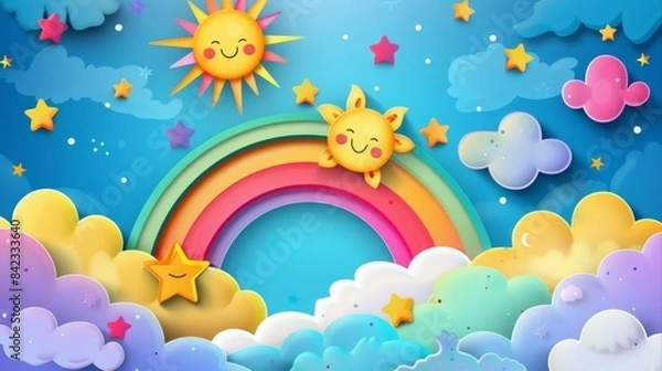 Obraz A whimsical illustration of a rainbow in the sky with clouds, stars, and smiling suns.