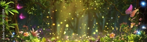 Fototapeta Magical forest scene with glowing particles and vibrant foliage.